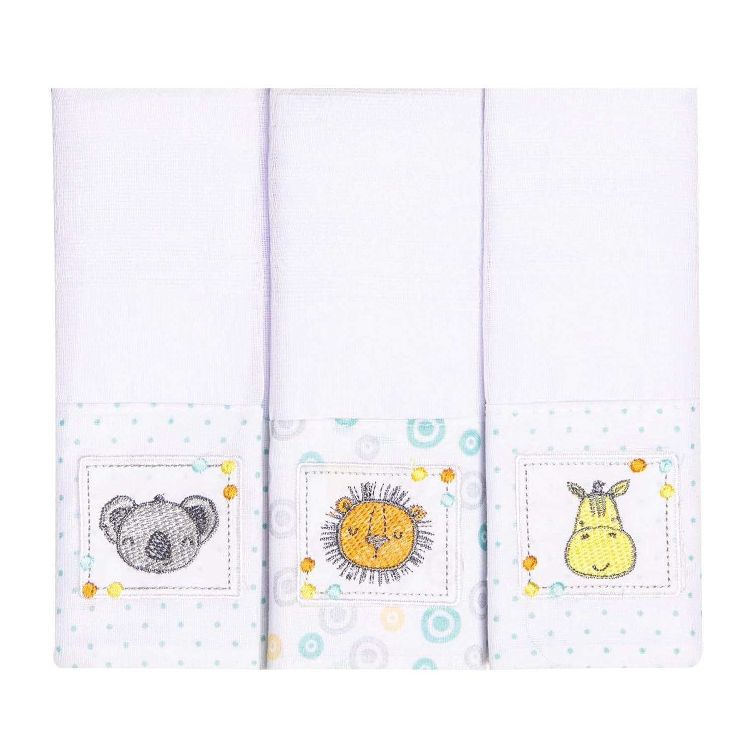 Paninho de Boca com Faixa Bordada Karinho para Bebê - 40cm x 40cm | 3 Unidades em Tecido Fralda 100% Algodão