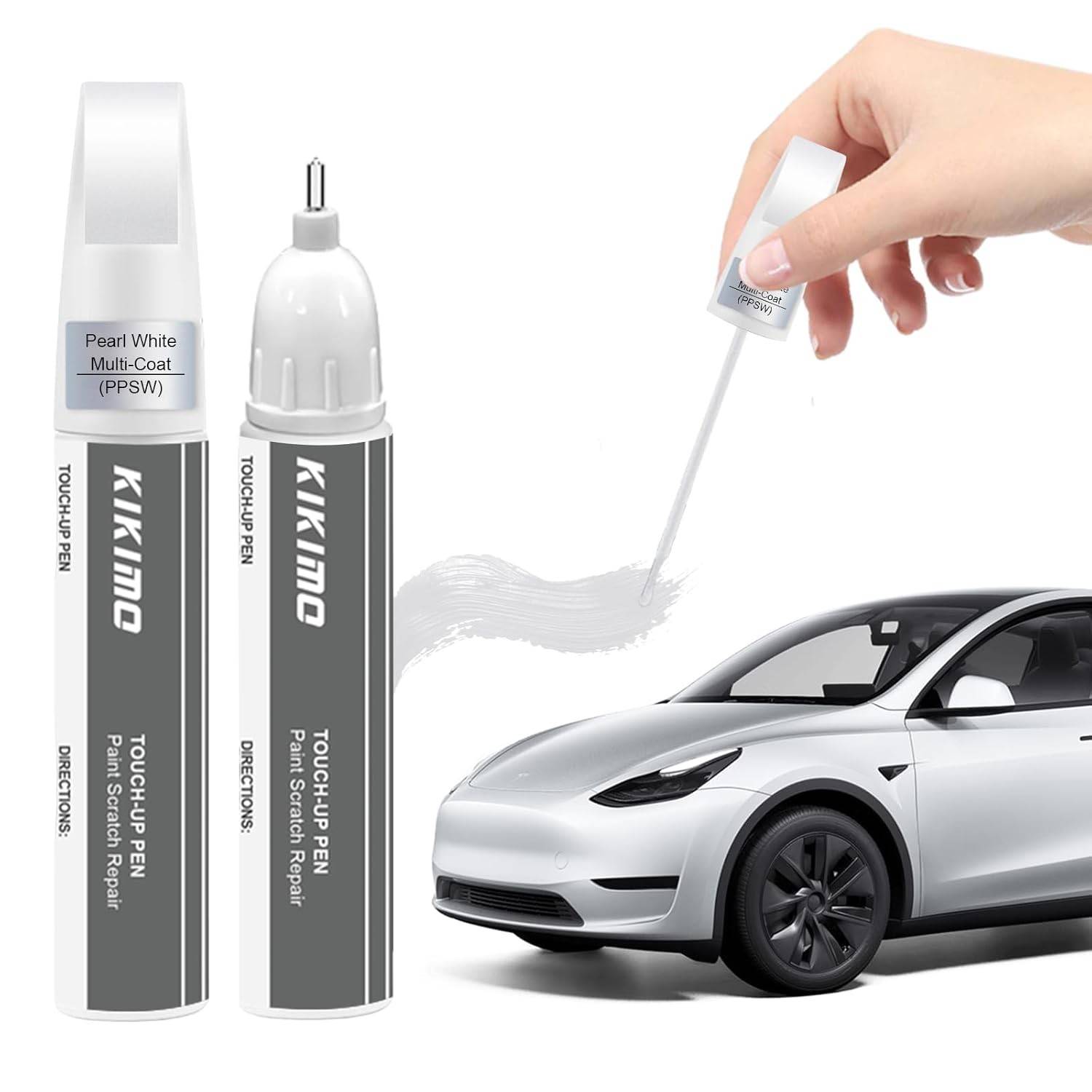 KIKIMO Tinta de Retoque Tesla Branco Pérola - Kit Reparo Pintura Carro 2-em-1 com Ponta Caneta e Pincel