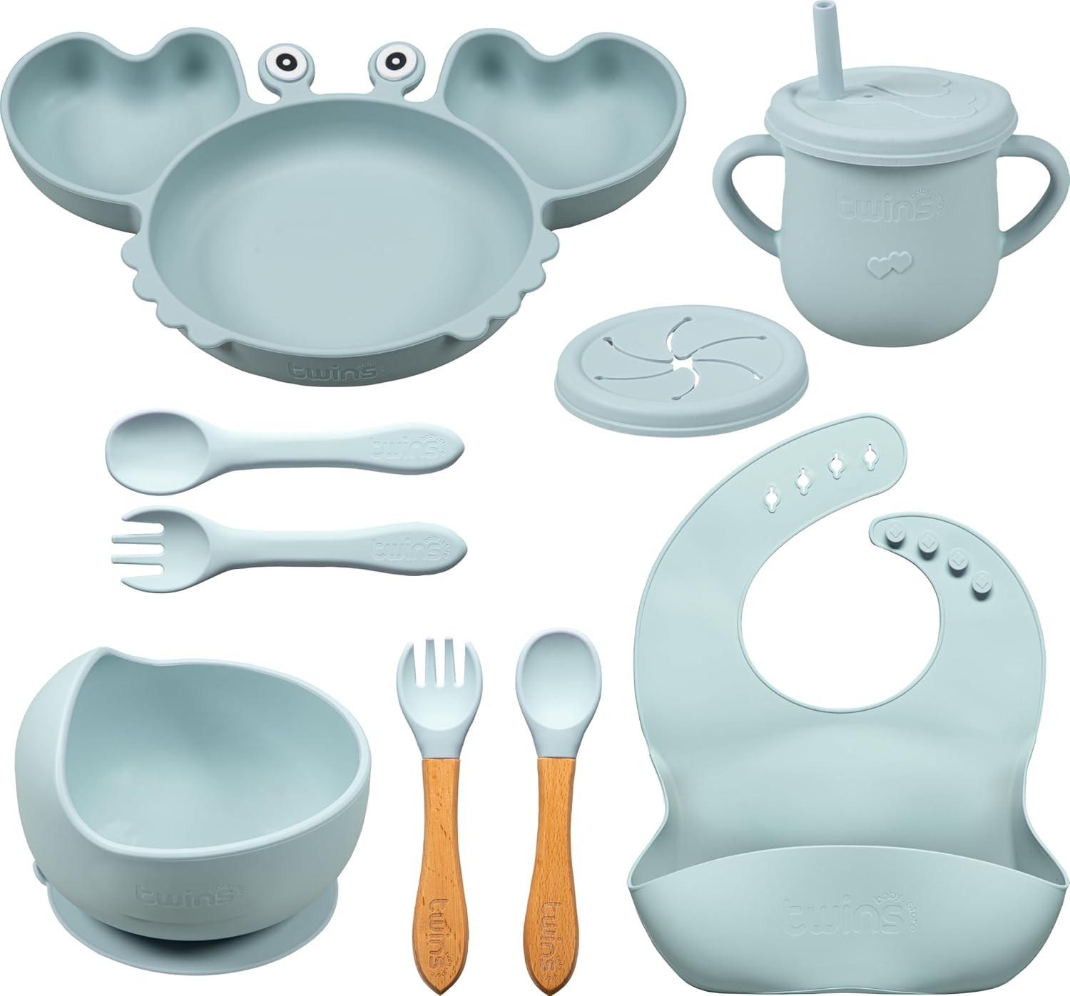 Kit Alimentação Bebê Silicone Completo 9 Peças - BLW, Antiderrapante, Livre de BPA (Azul)
