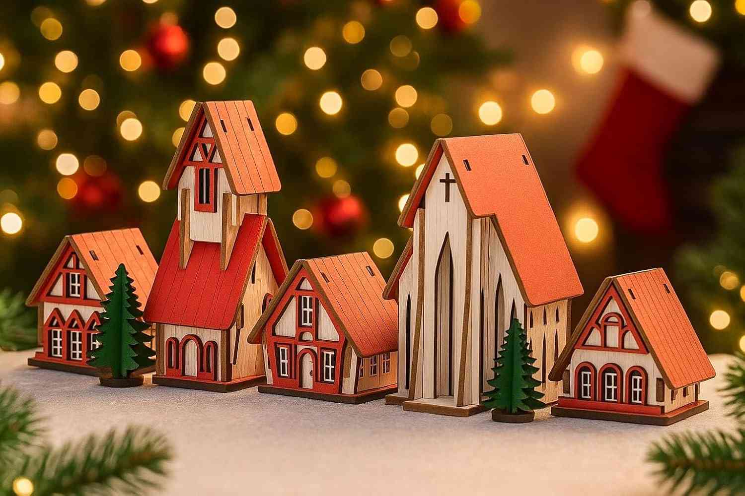Vila Natalina Cenário de Mesa – Kit 5 Peças em Madeira com Casinhas Decorativas para Decoração de Natal