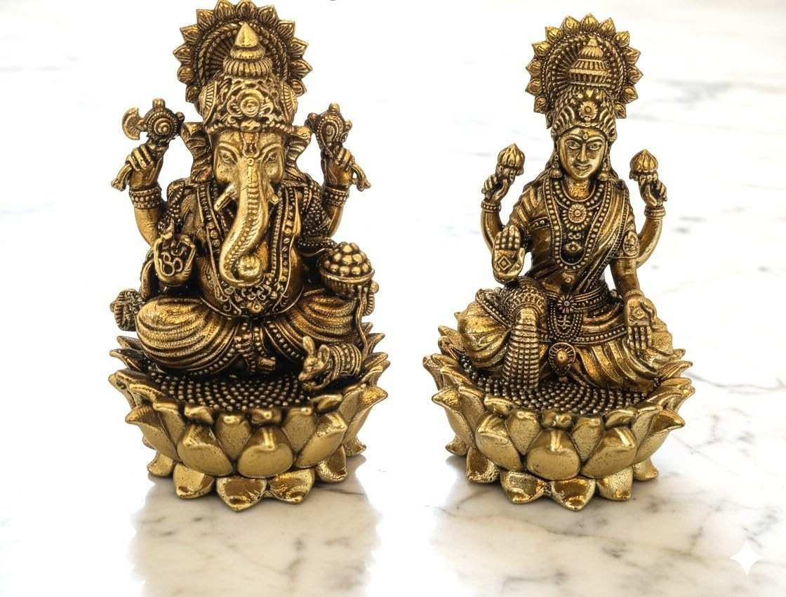 Conjunto de Estátuas de Latão Lakshmi e Ganesha - 9 cm | Decoração Espiritual e Presente Ideal para Diwali