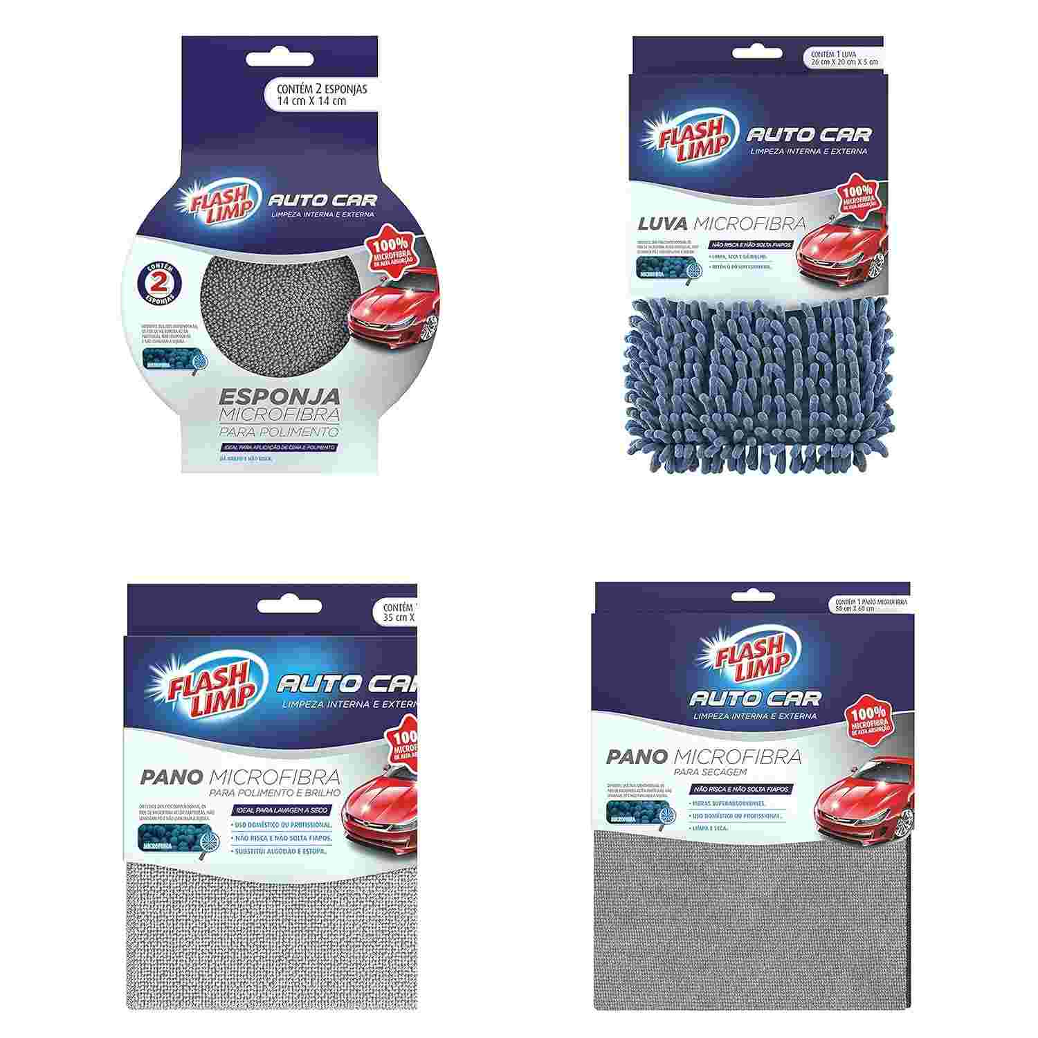 Kit Completo Limpeza Automotiva Flash Limp 4 Peças: Limpe, Seque, Encerre e Dê Brilho!