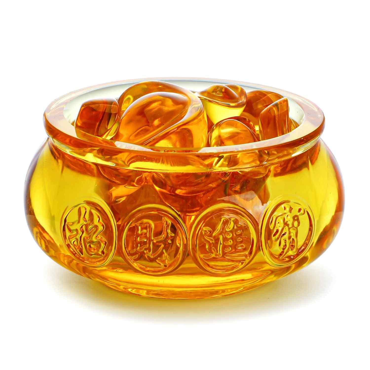 Bacia de Tesouro Dourada de Vidro com Lingotes Yuan Bao - Simbolismo de Riqueza e Prosperidade para Casa e Escritório