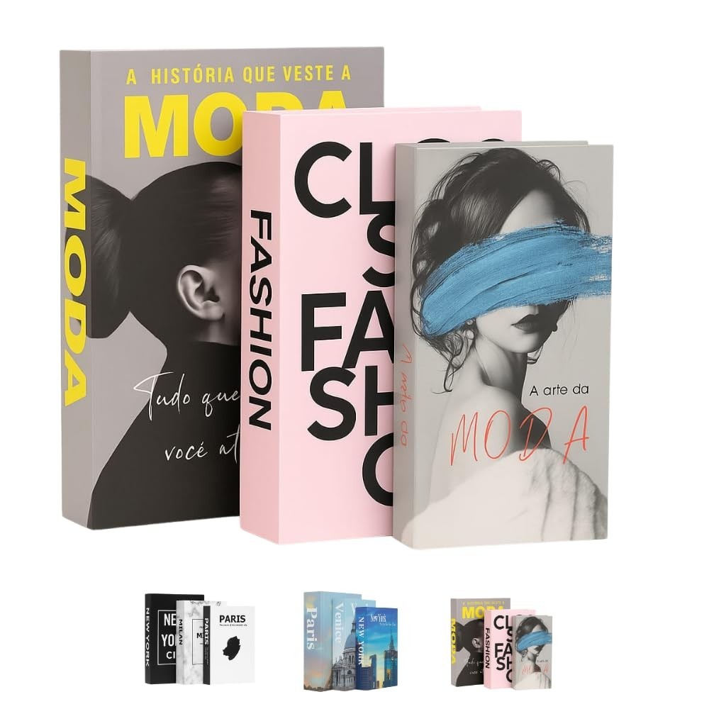 Conjunto de Livros Decorativos de Moda e Cidades - 3 Estilos em Capa Dura com Design Artístico para Decoração Elegante