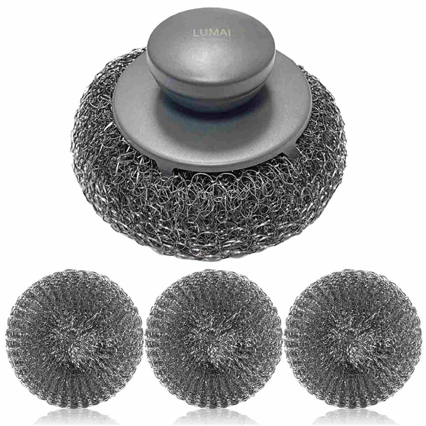 LUMAI Escova de Aço Inoxidável com Esponja de Lã de Aço - Cabo Ergonômico Antiderrapante para Limpeza Eficiente e Durável