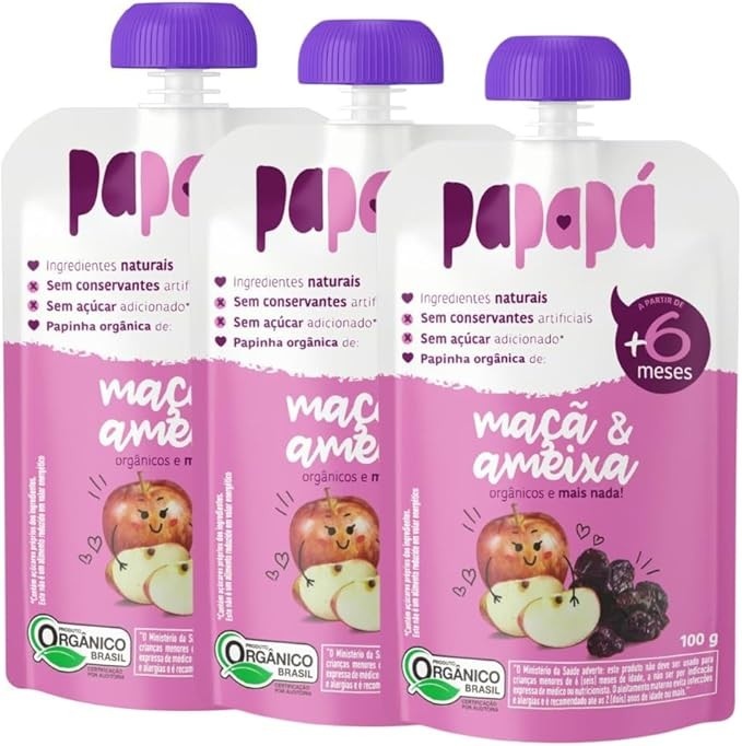 Kit com 3 Pouchs de Papinha Orgânica de Maçã e Ameixa de 100g cada - Papapá