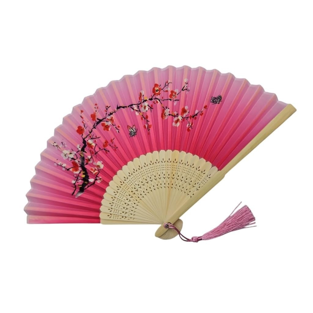 Leque de Madeira com Estampa Elegante - Ventilador de Mão Chique e Sustentável (Rosa Borboletas Cerejeira)