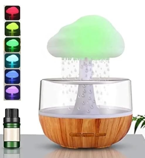 Difusor de Aromas Nuvem de Chuva 300ml com LED Multicolorido e Umidificador Ultrassônico (Madeira)