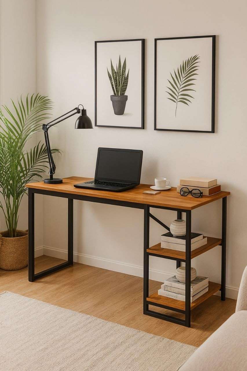 Mesa Home Office com Prateleiras de Metal E&A – Design Industrial Moderno em Preto e Canela