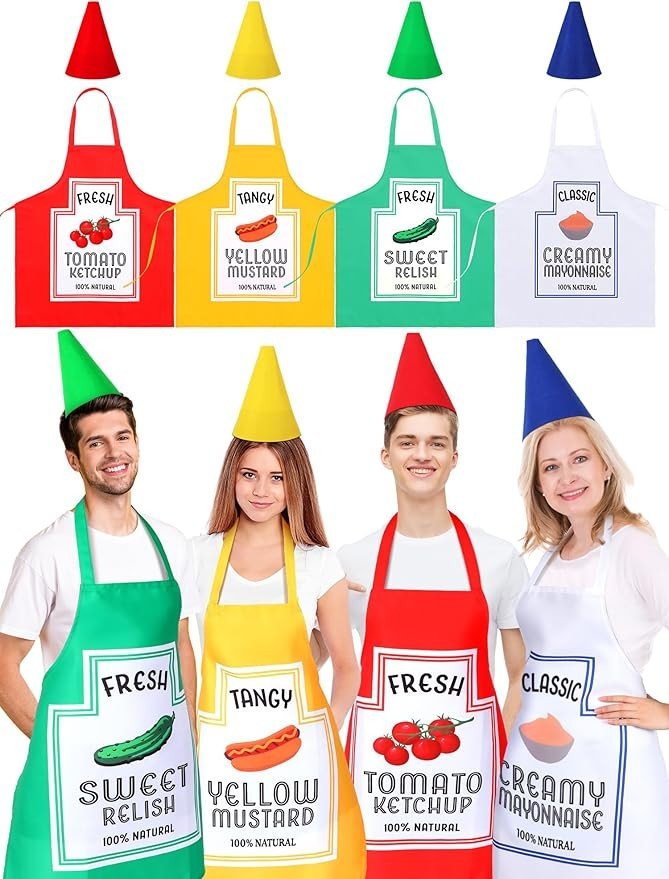 Mepase Conjunto de 4 condimentos, ketchup, maionese, mostarda, avental de Halloween e chapéus engraçados, condimento, comida, cosplay, roupas de festa, fantasias para mulheres e homens