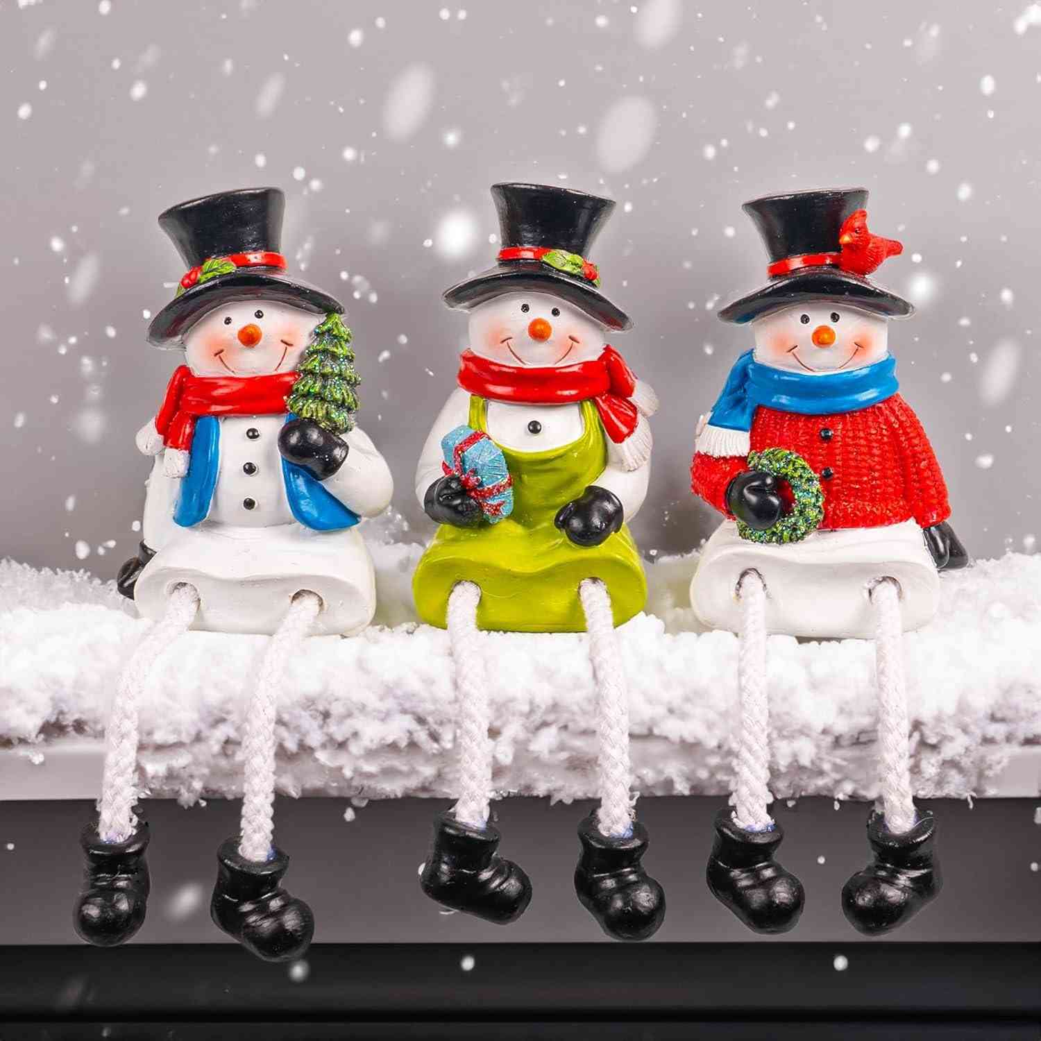 Conjunto de 3 Estatuetas de Natal Dazzle Bright - Bonecos de Neve e Papai Noel com Pernas Penduradas para Decoração de Mesa e Lareira