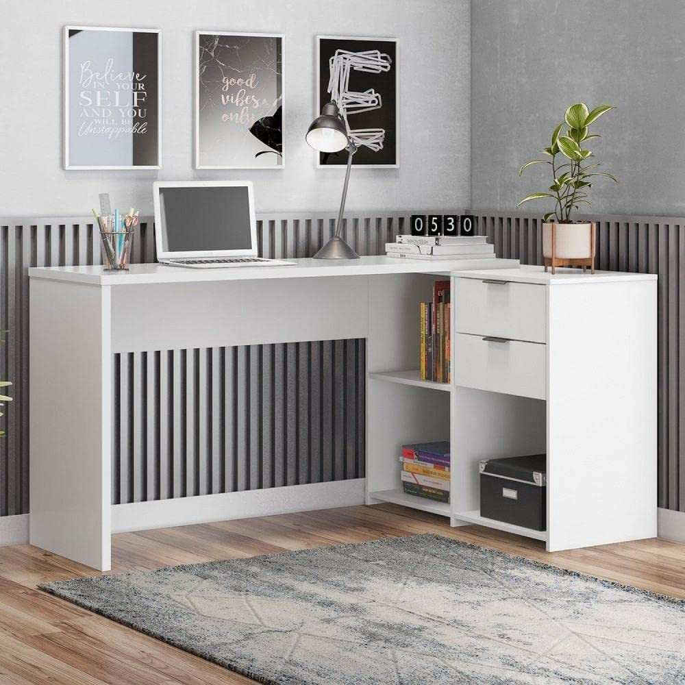 Mesa de Escritório Office NT 2060 com 2 Gavetas e 3 Nichos - Design Moderno em Branco