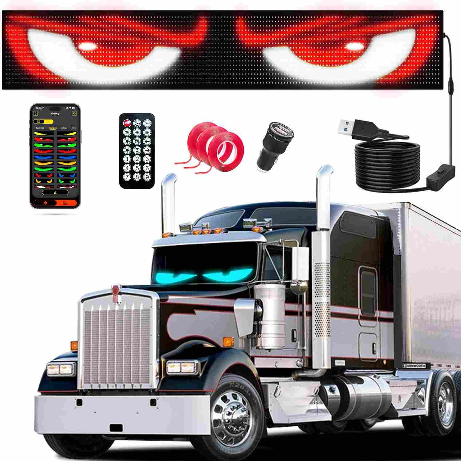 Tela LED Olhos de Diabo para Caminhão: Personalize seu Para-brisa com Animações Incríveis!