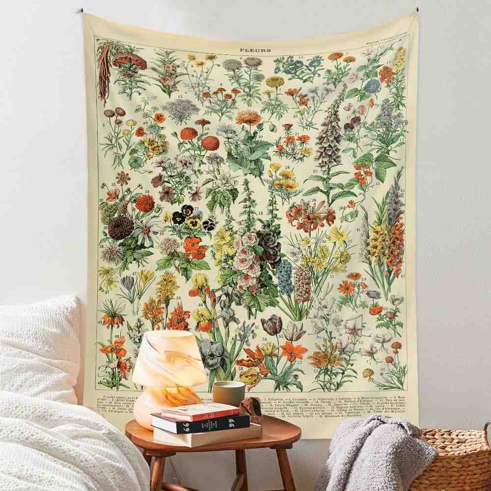 Tapeçaria de Flores Vintage 122x91cm - Decoração Botânica Ilustrativa para Parede
