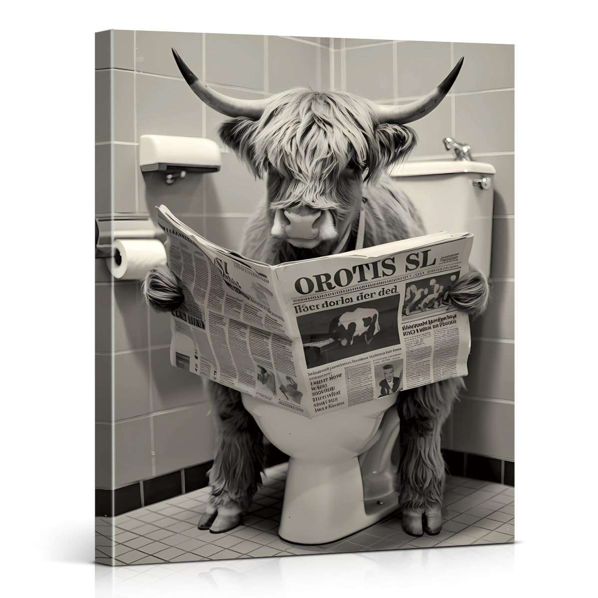 Arte de Parede Engraçada para Banheiro - Vaca Lendo Jornal no Vaso - 20x25cm