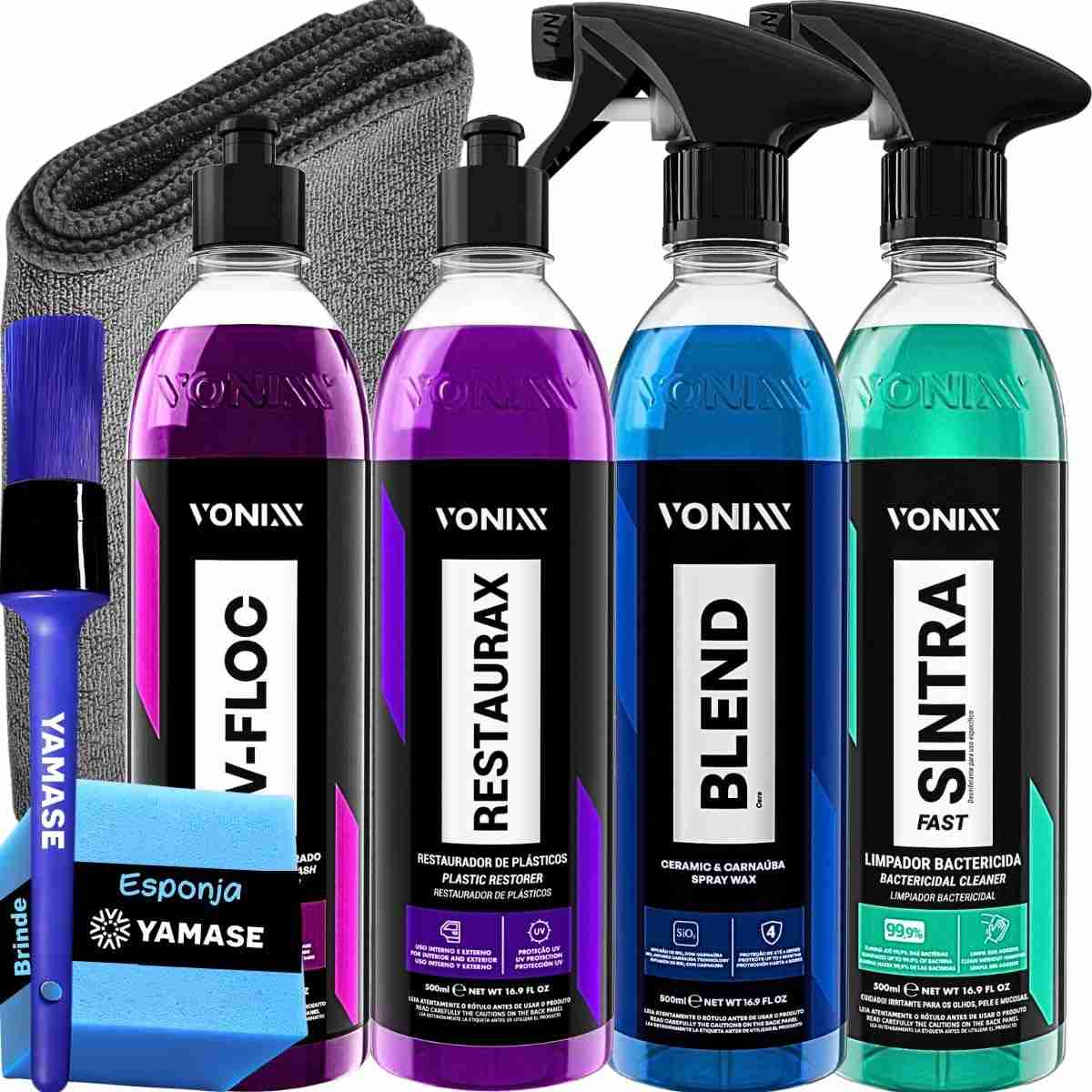 Kit Lavagem Completa Automotiva: Shampoo, Cera, Restaurador de Plástico e APC Vonixx