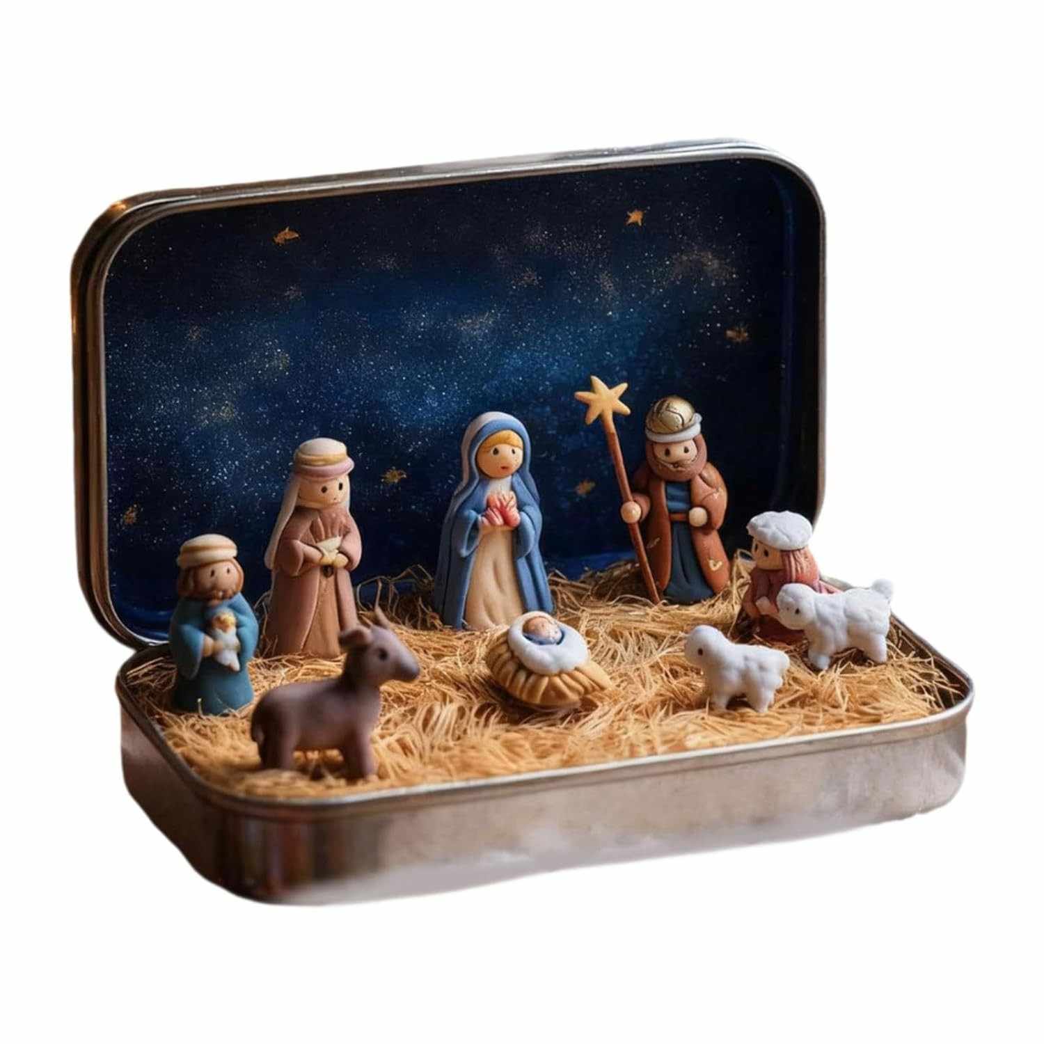 Mini Presépio de Natal em Resina com Figuras da Sagrada Família – Decoração Portátil e Presente Rústico para Mesa e Escritório