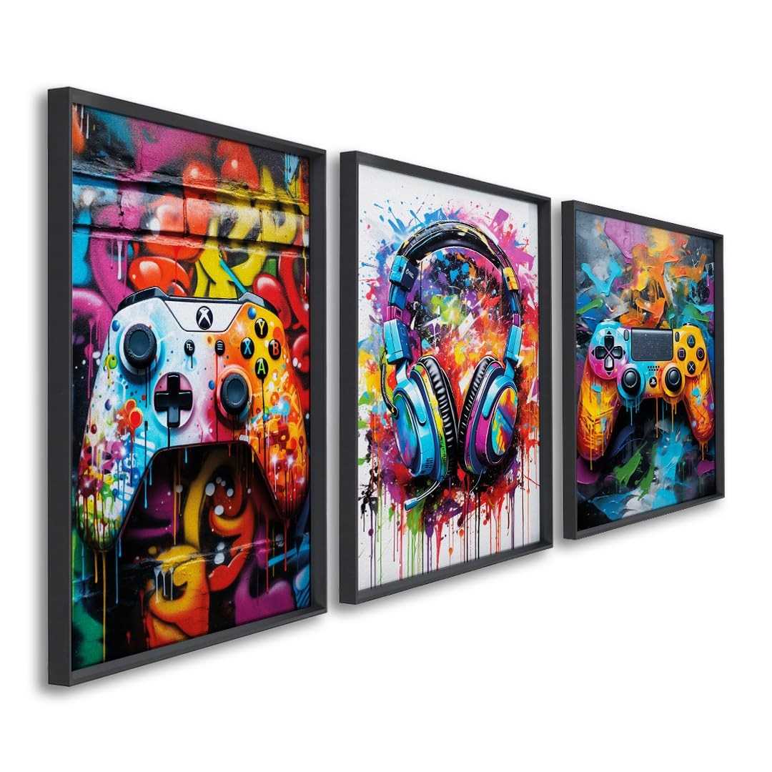 Quadro Decorativo Gamer Vibes - Trio de Quadros em Arte Graffiti (Preto, 60x90 cm)