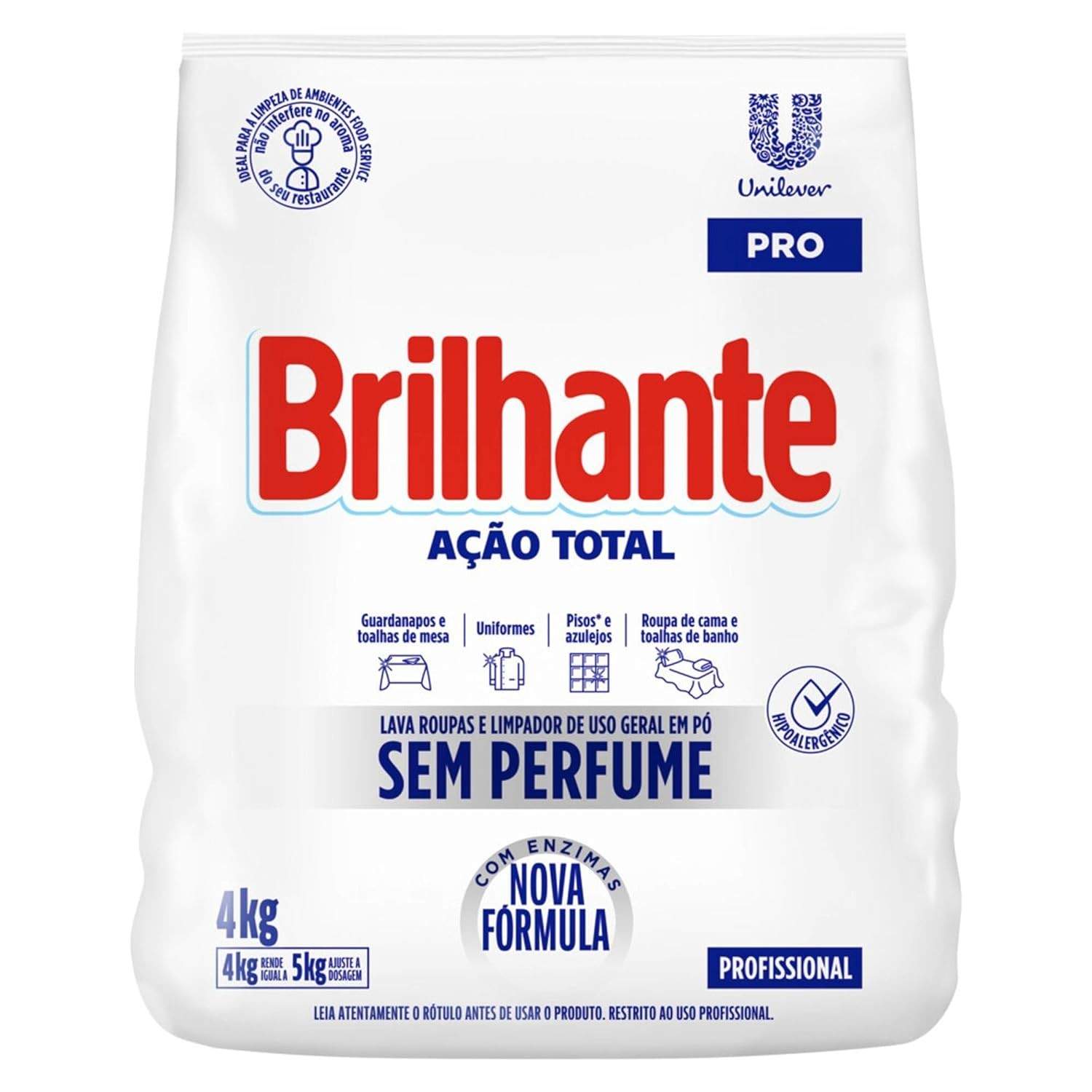 Brilhante Detergente em Pó Sem Perfume - 4Kg | Lava Roupas e Limpador de Uso Geral Profissional