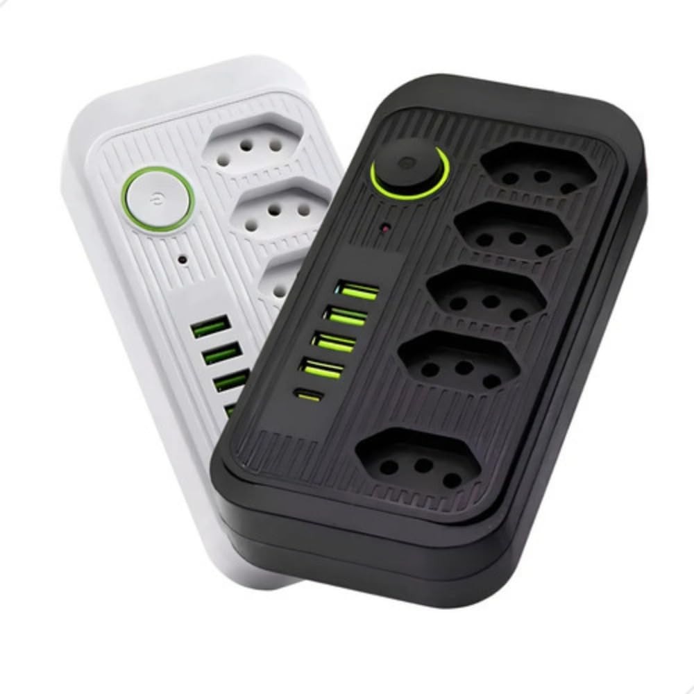 Régua de Energia Premium: 5 Tomadas, 4 USB + 1 Tipo-C, 2500W Bivolt e Proteção