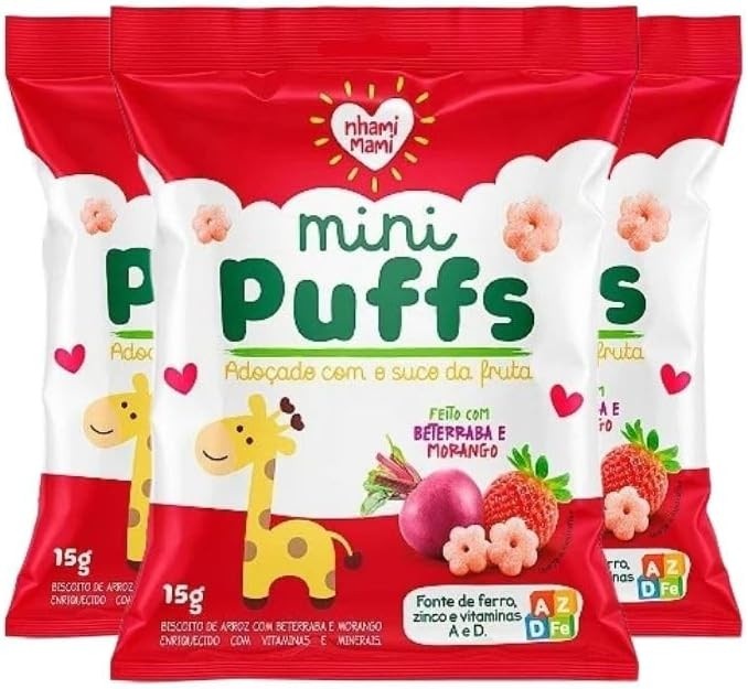 Biscoito de Arroz Mini Puffs Beterraba e Morango Zero Glúten, Integral Nhami Mami contendo 3 pacotes de 15g cada