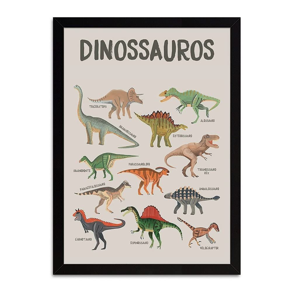 Quadro Infantil Dinossauros 30x40cm - Decoração Educativa e Divertida para Quartos de Criança