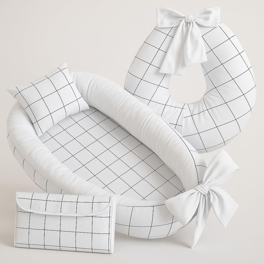 Kit Baby Premium com Almofada de Amamentação, Ninho Redutor e Trocador Portátil Xadrez Branco