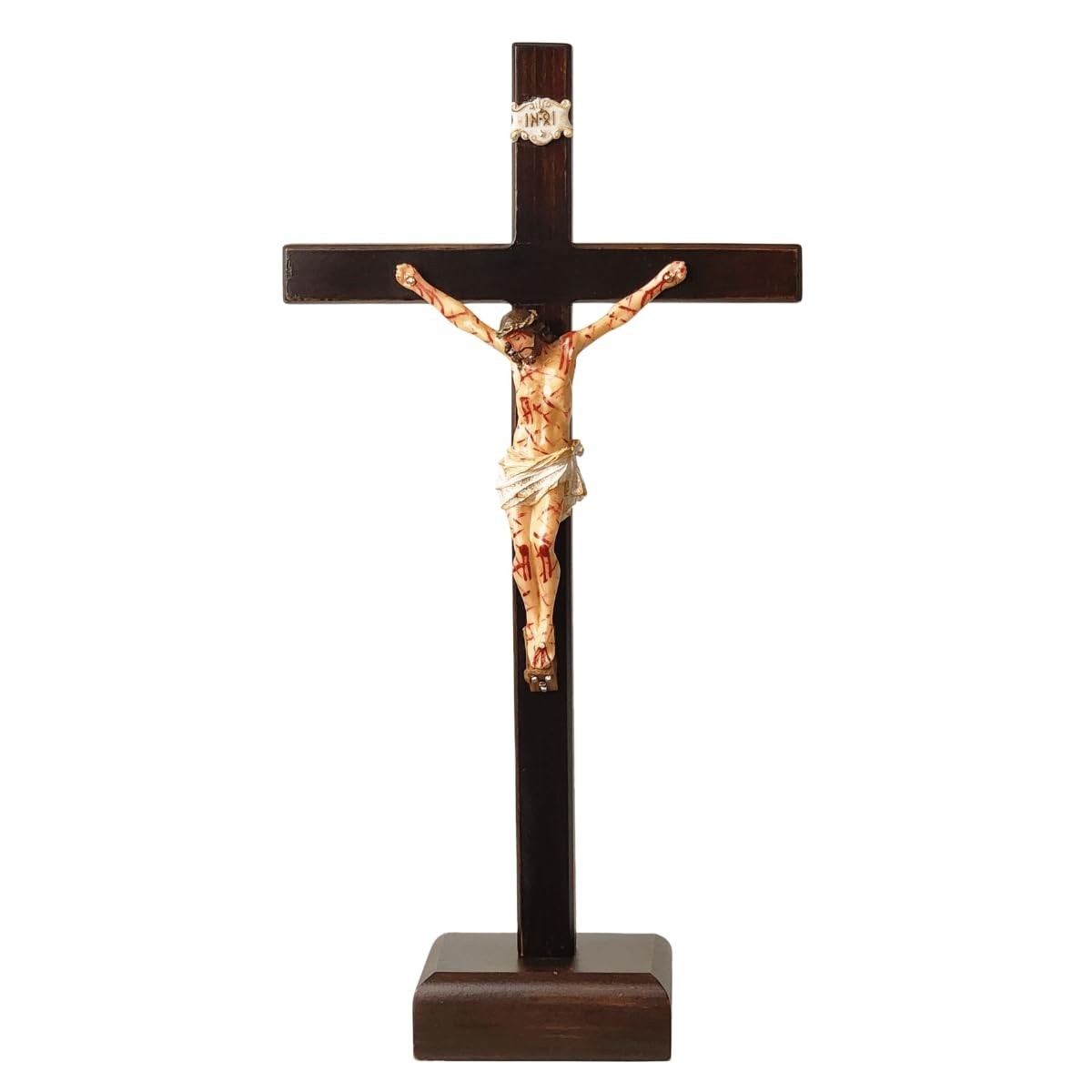 Crucifixo de Mesa em Madeira com Cristo em Resina Realista - 30 cm