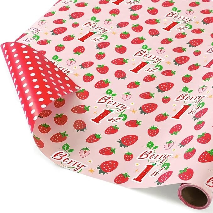 WERNNSAI Papel de embrulho de primeiro aniversário Berry – 1 rolo de 43 cm x 5 m de papel de embrulho de morango rosa doce para embalagem de aniversário, lembrancinhas de festa de chá de bebê, design