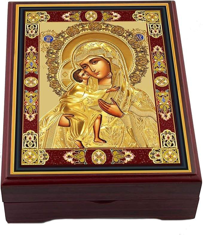 Caixa de contas de oração do rosário da Virgem Maria, ícone russo de madeira da Virgem da Floração Eterna, 12 cm, presente religioso