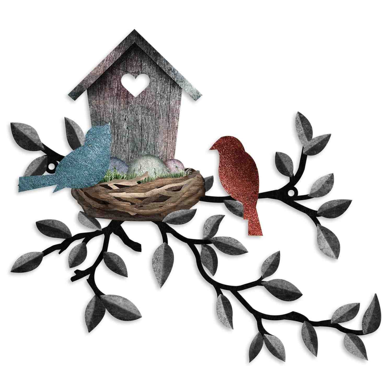 Arte de Parede Rústica em Metal com Design de Casa de Pássaro – Decoração Natural para Sala, Cozinha e Jardim