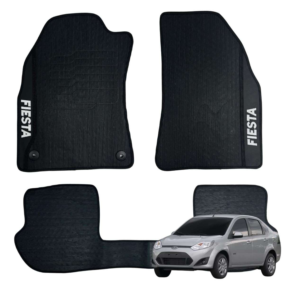 Jogo de Tapetes Automotivos Emborrachados Fiesta 2000-2015 - 3 Peças com Bordado Exclusivo
