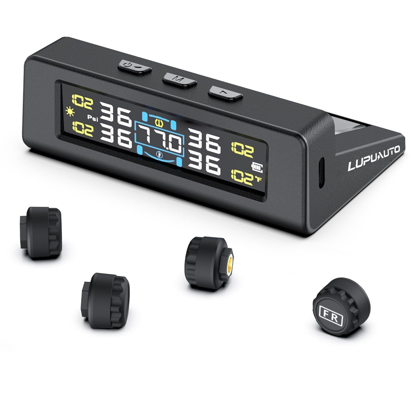 TPMS RV Solar e USB-C: Monitor de Pressão de Pneu com 4 Sensores e 6 Alarmes (0-99PSI)