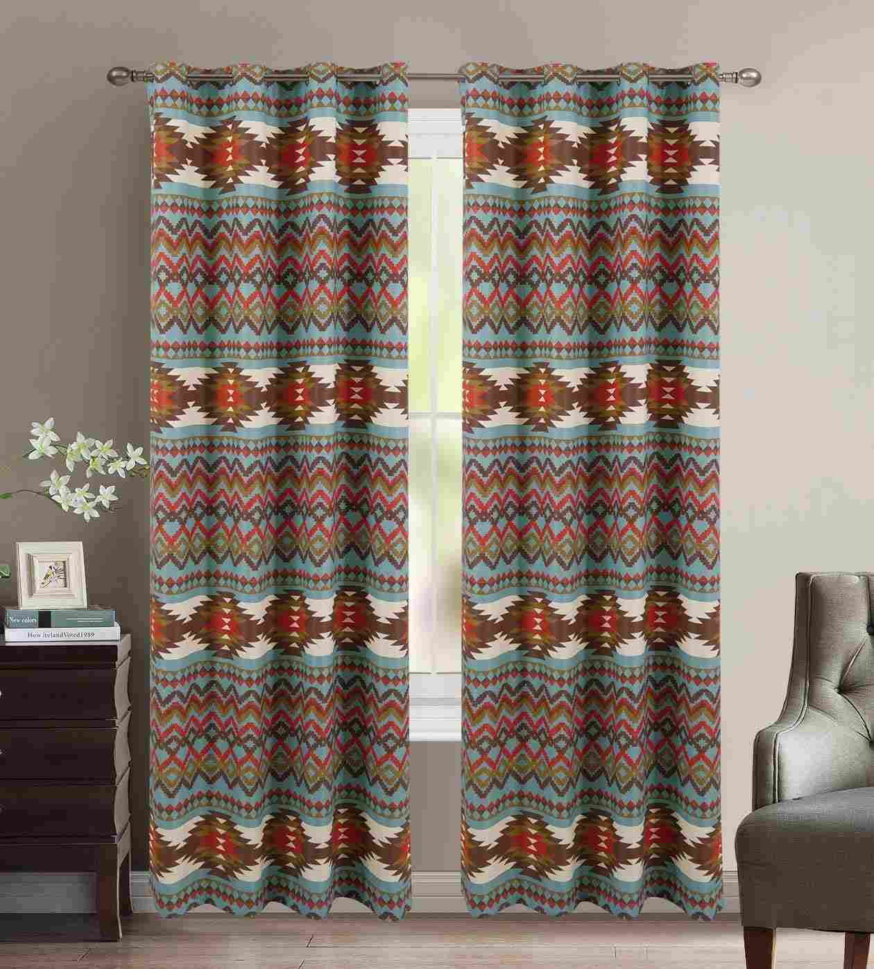 Conjunto de Cortinas Rústicas Utah: Isolamento Térmico e Estilo Sudoeste em Azul Turquesa e Marrom