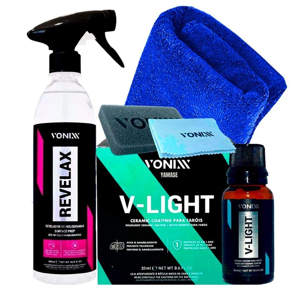 Kit Vitrificador de Farol V-Light Vonixx + Descontaminante Revelax + Toalha Karbox