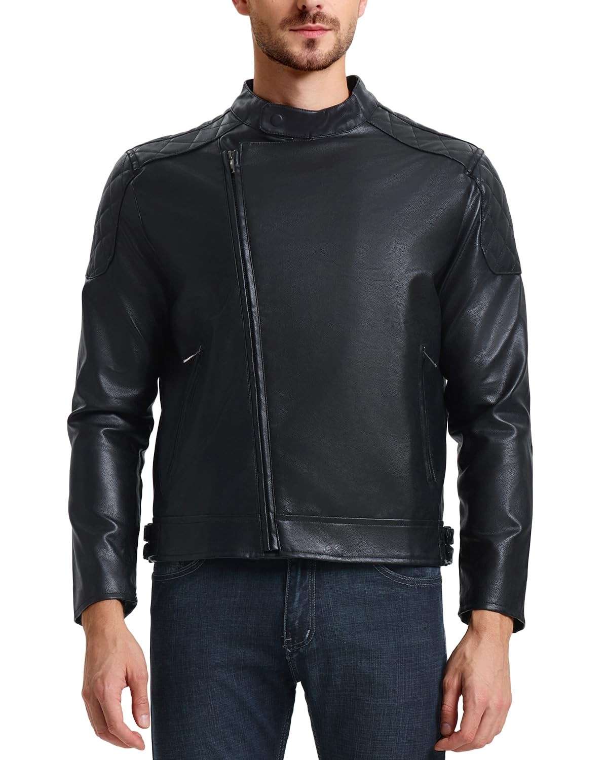 WULFUL Jaqueta masculina de couro, jaqueta bomber sintética para motociclista, lapela assimétrica, zíper e caimento justo, Preto - 010, GG