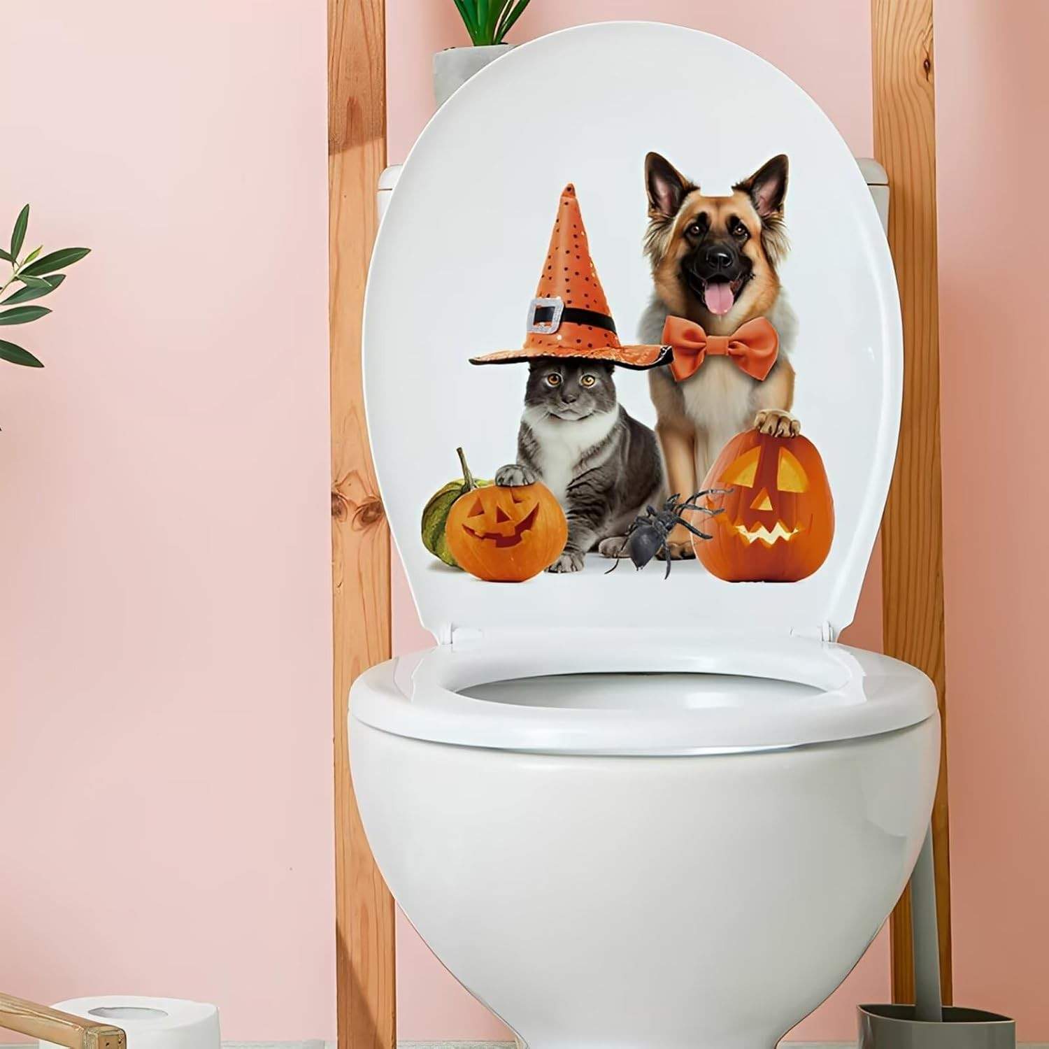 Decalque de Banheiro de Halloween - Adesivo Engraçado de Abóbora para Cachorro e Gato | Vinil Impermeável para Decoração de Parede