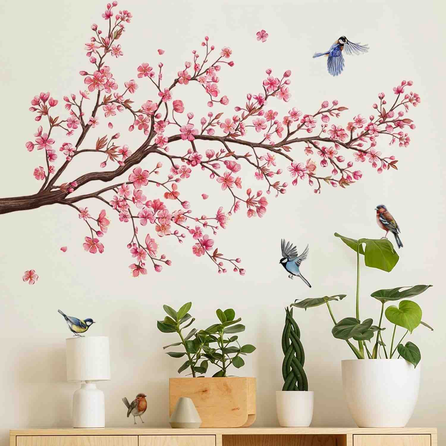 Decalques de Parede Árvore de Flor Rosa com Pássaros – Adesivos Decorativos para Quarto, Sala e Berçário