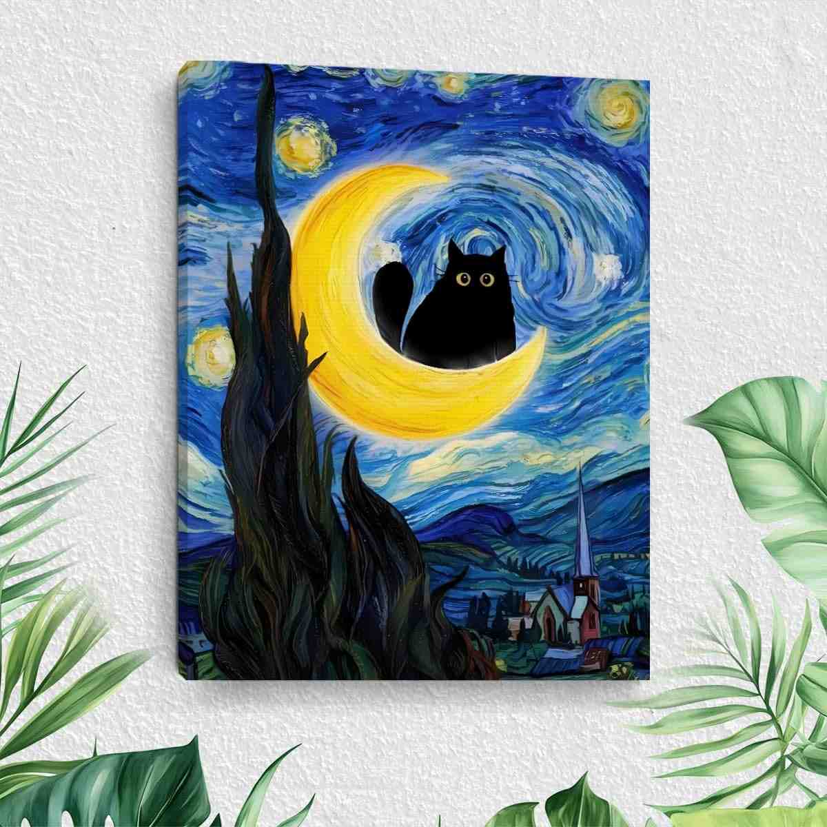 Arte de Parede emoldurada Gato Noturno Estrelado - Decoração Moderna para Amantes de Gatos