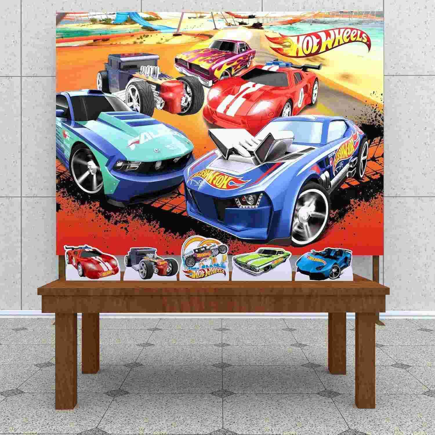 Kit Decoração Festa Infantil Carros de Corrida - Painel + Displays Hot Wheels