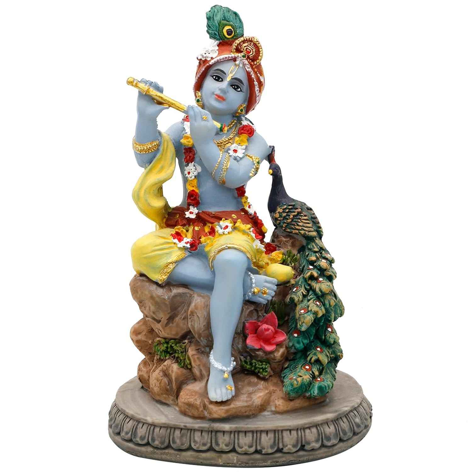 Estátua de Krishna 14 cm - Murti Hindu com Pavão e Flauta para Decoração Espiritual