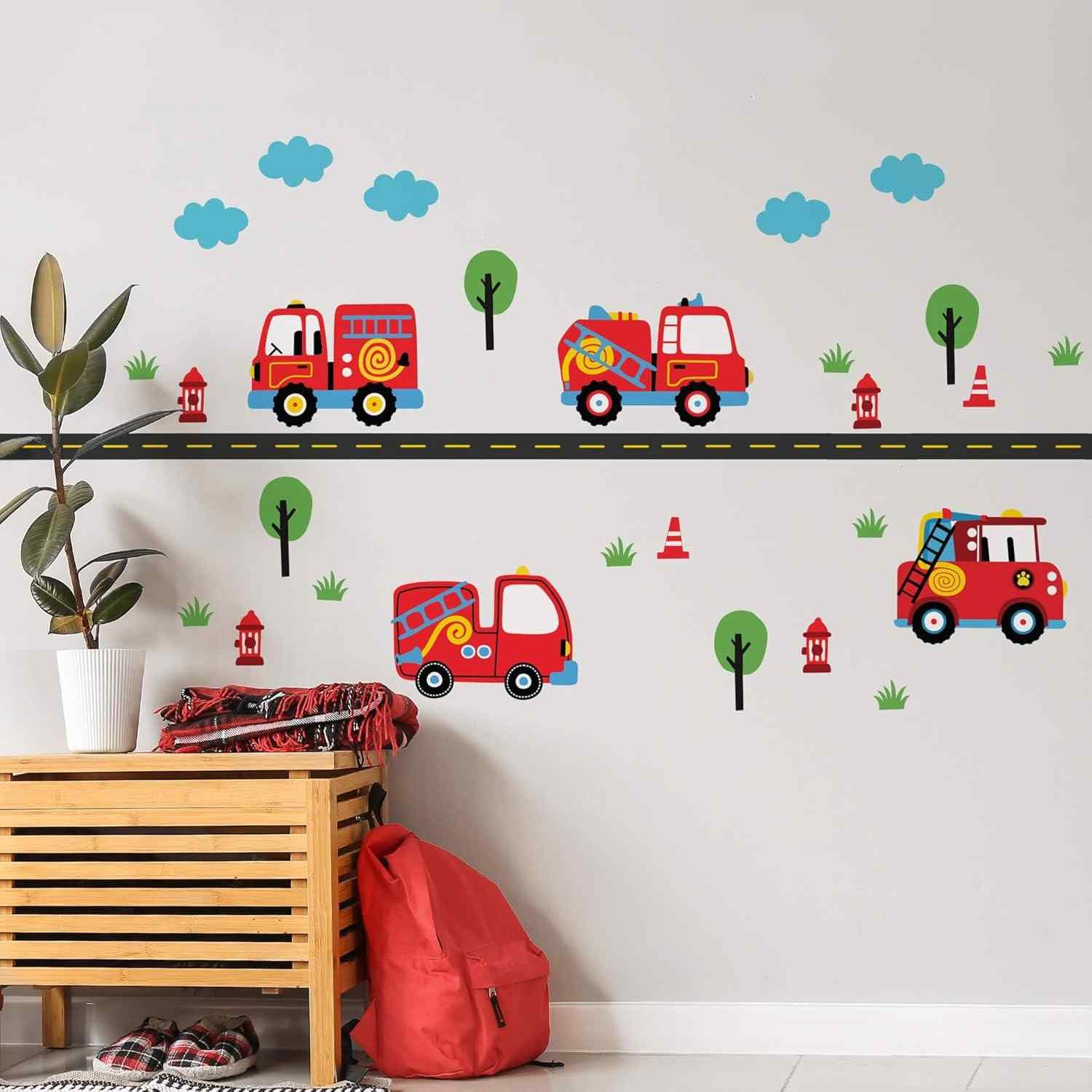 Adesivo de Parede Infantil Carrinhos Bombeiros - Kit com 34 Peças para Decoração Divertida