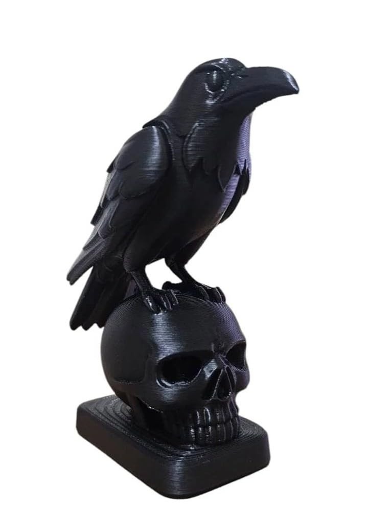 Estátua Decorativa de Corvo em Caveira - Escultura Gótica 3D Preta para Decoração Moderna