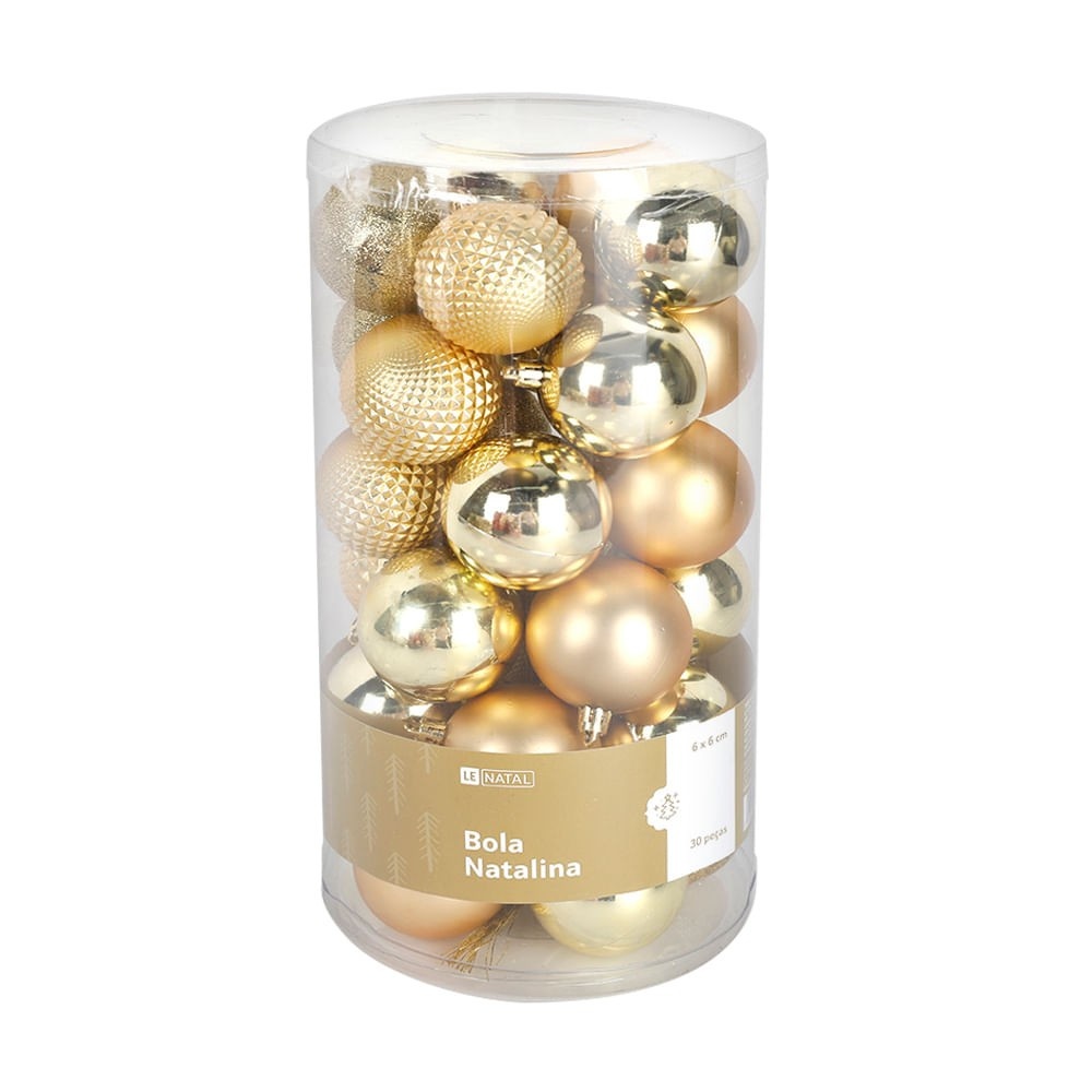 Decoração de Natal: Tubo com 30 Bolas Douradas 6cm