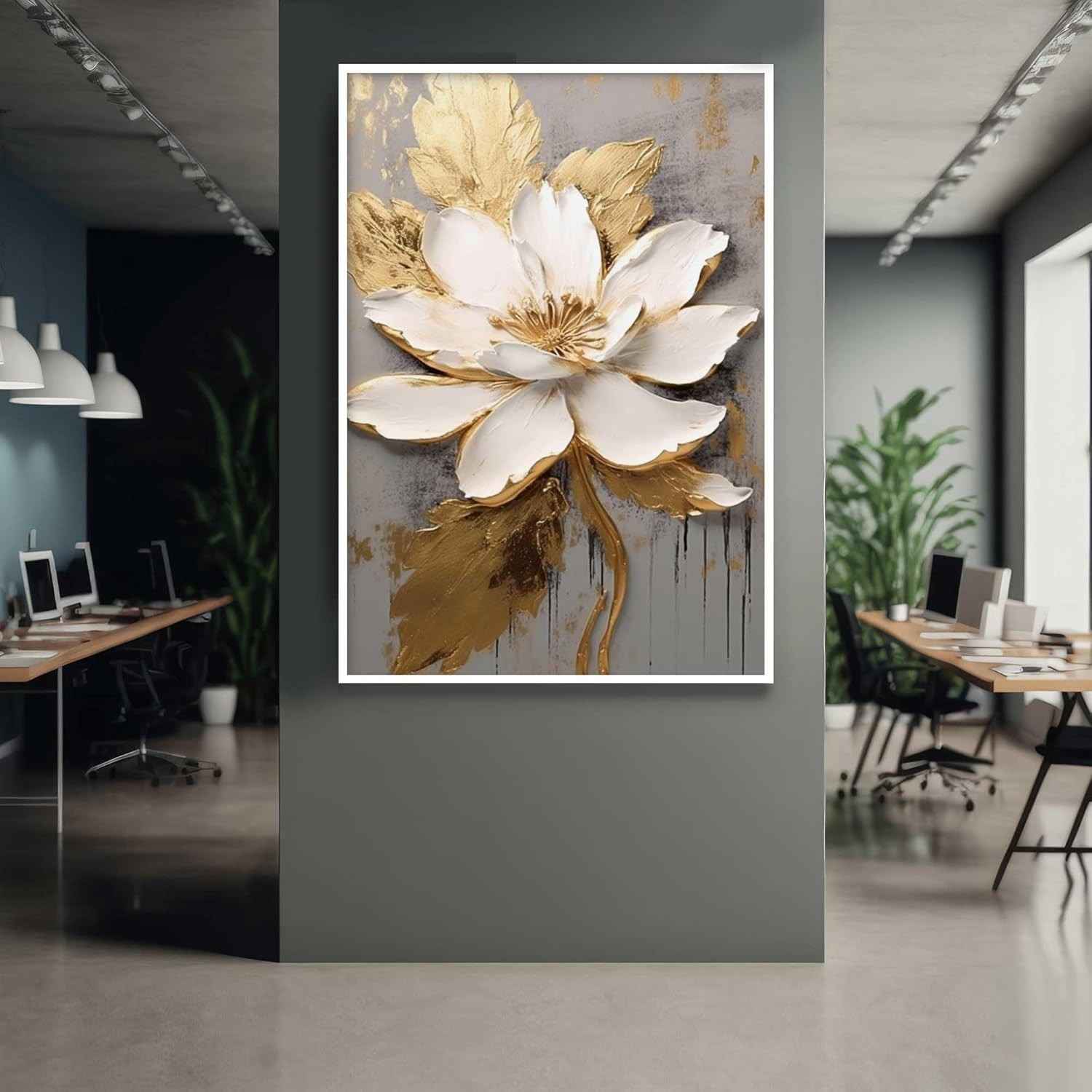 Quadro com Moldura Flor Bege Dourada - Decoração Elegante para Sala, Quarto e Hall