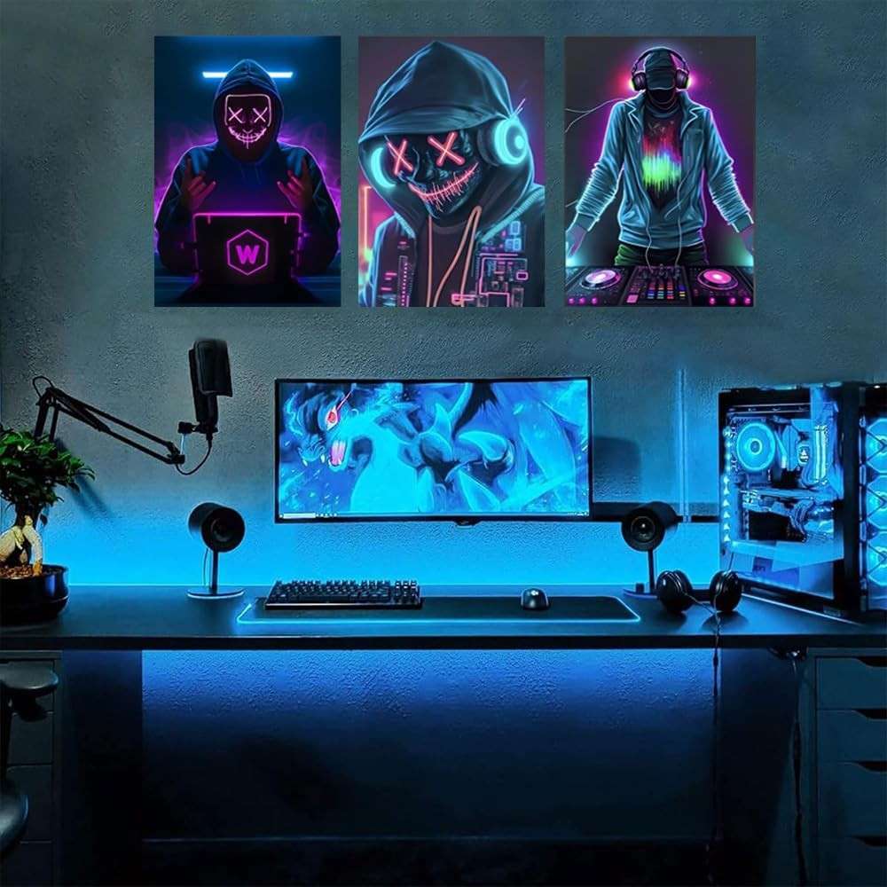Conjunto de 3 Tela Art Deco Gamer - Decoração Moderna para Sala de Jogos, Escritório e Quarto