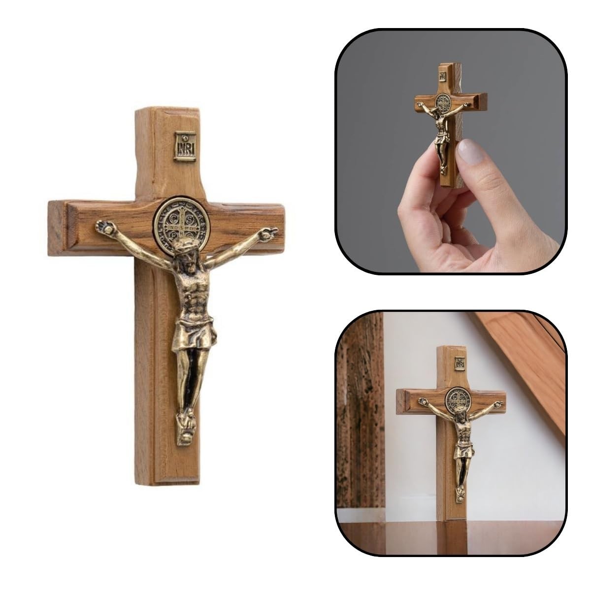 Crucifixo de Madeira com Medalha de São Bento - 7 cm | Decoração Sagrada e Proteção Espiritual