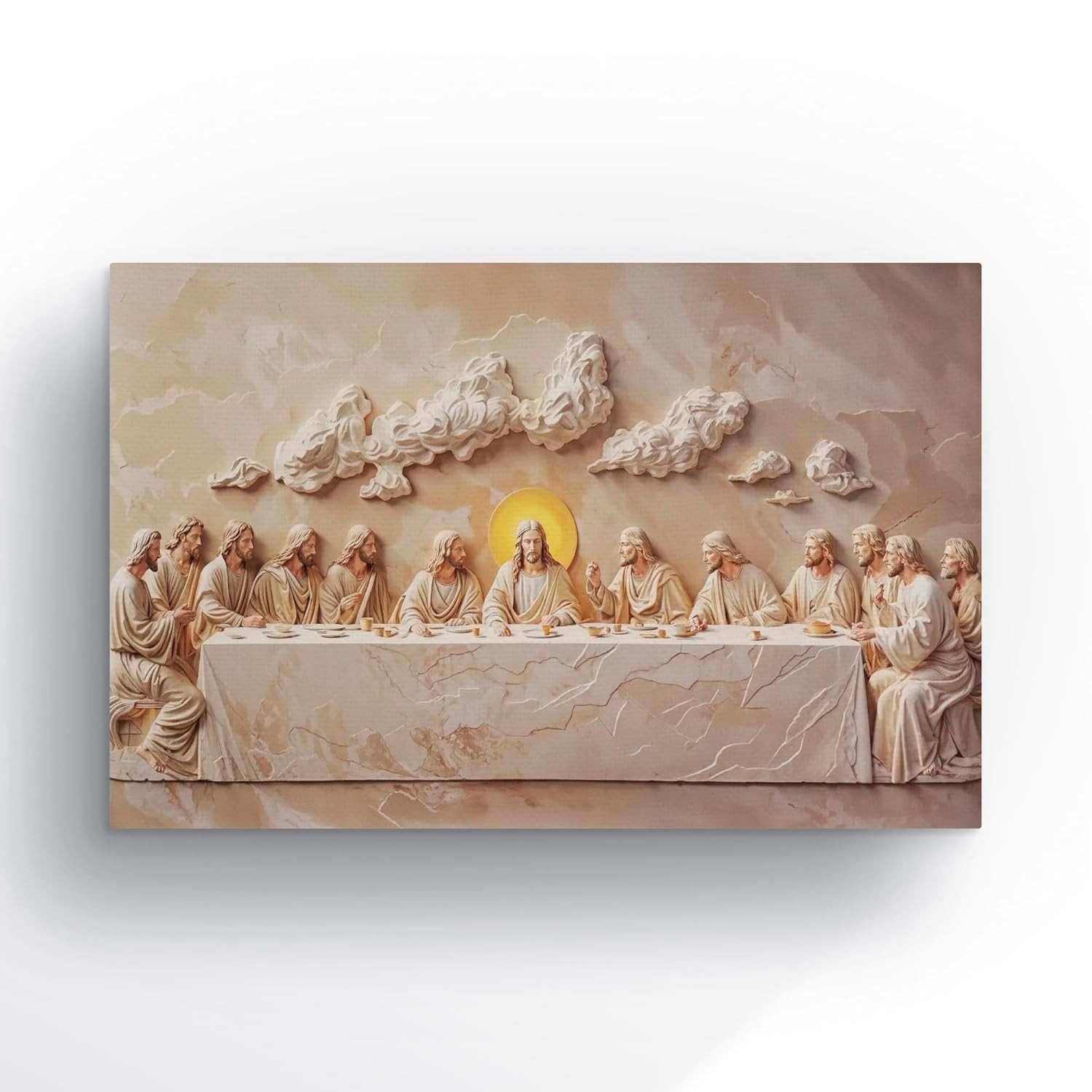 Quadro Santa Ceia Canvas 90x60cm | Arte Sacra Bege e Dourado para Decoração Religiosa