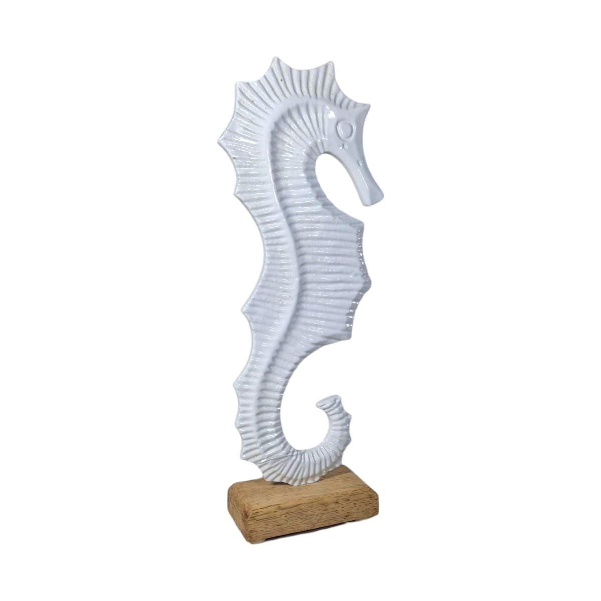 Estátua de Cavalo Marinho em Metal Branco – Decoração Náutica Elegante para Casa