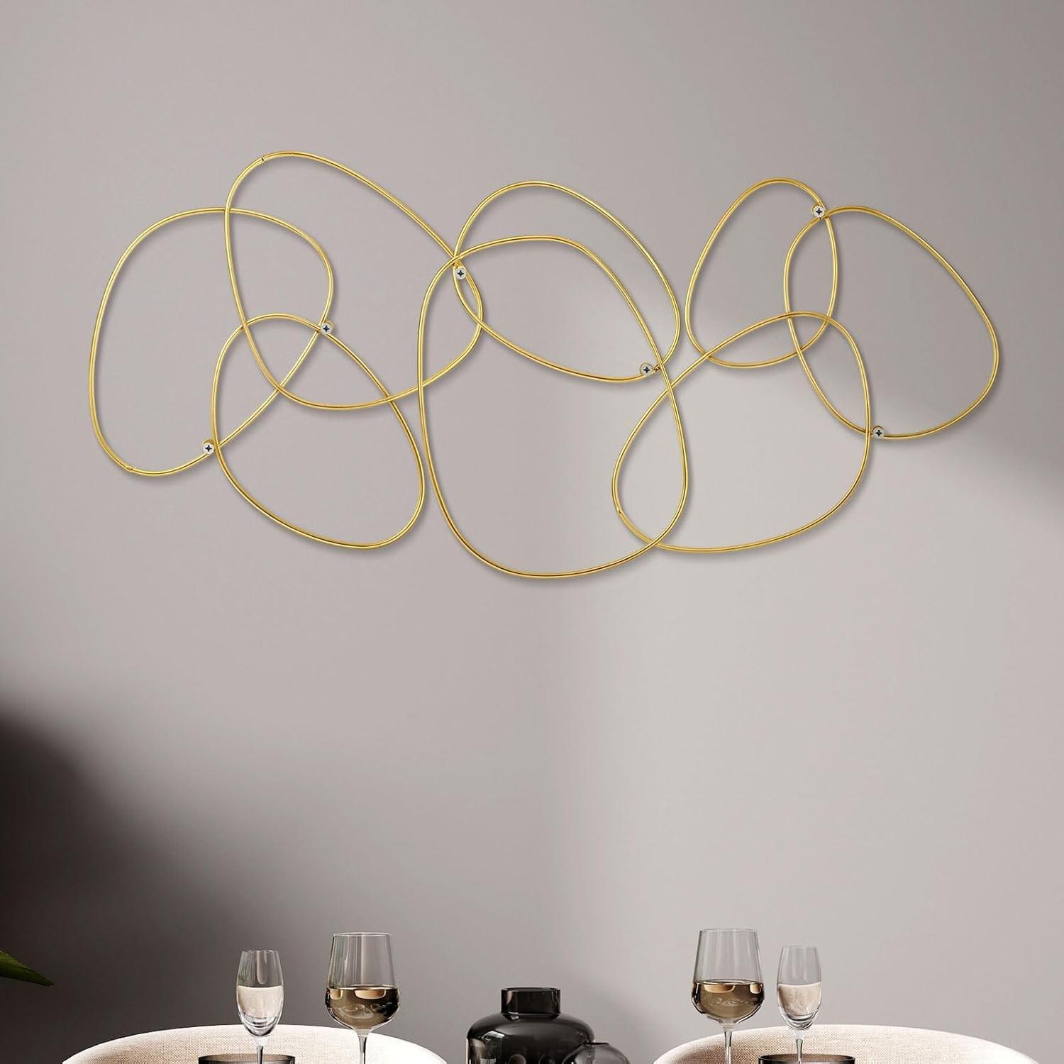 Hicarer Anéis Interligados Dourados - Escultura de Parede Abstrata para Decoração Moderna